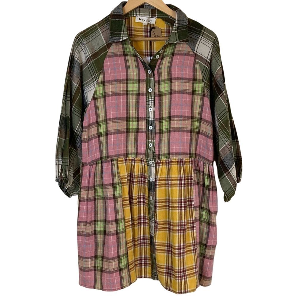 heyday Plaid Button-Front Mixed-Print Shirt Dress in Pink, Olive & Mustard